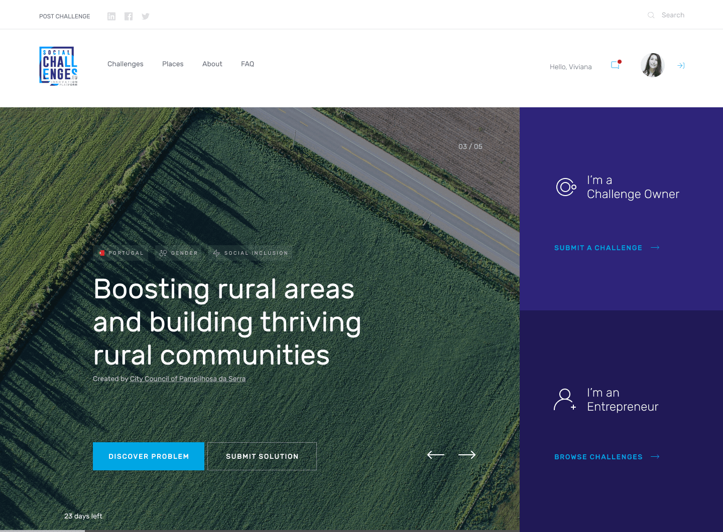 Social Challenges app start screen